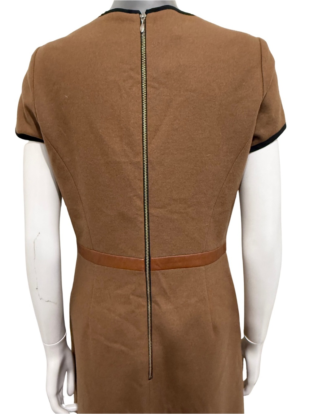 Judith & Charles Wool Sheath Dress Size 8 Brown Black Leather Trim Made Canada - Picture 7 of 10